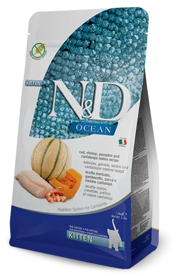 Фото Корм сухий для кошенят Фарміна N&D Grain Free Ocean COD, SHRIMP, PUMPKIN & CANTALOUPEMELON KITTEN з тріскою, креветкою, гарбузом і динею купити за ціною ₴350.00